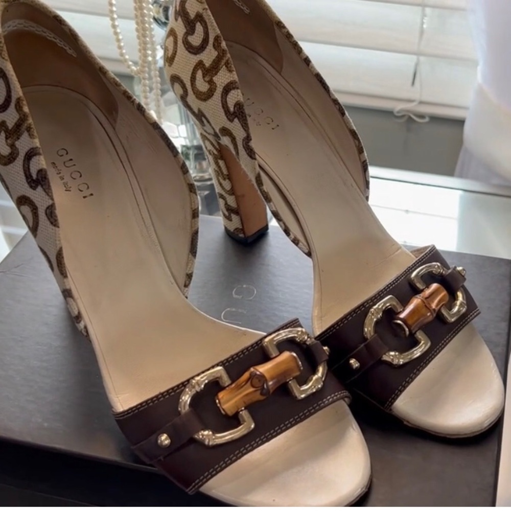Gucci canvas bamboo horsebite mules slides blocked heels